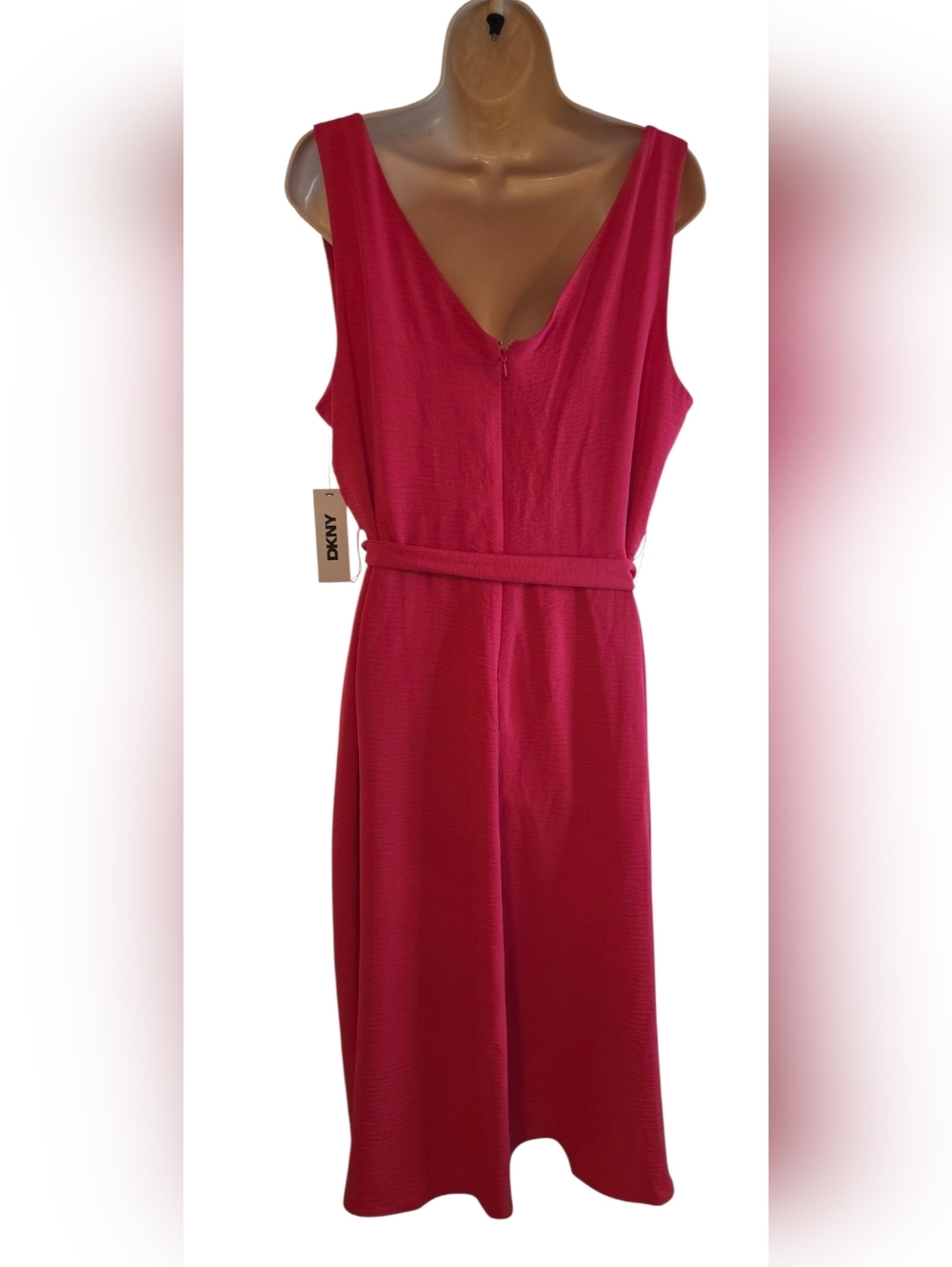 DKNY V-Neck Pink Wrap Midi Dress with Tie Waist - Picture 3 of 11